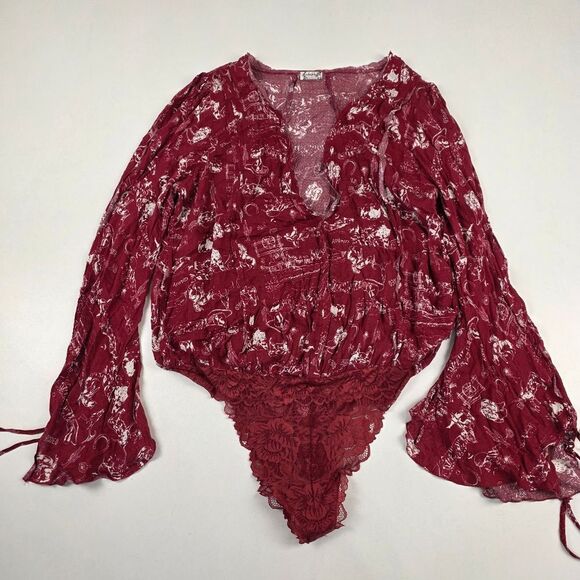 NWOT Free People Everything's Rosy Bodysuit RARE Rodeo Red Western Print Size XL - Picture 3 of 16
